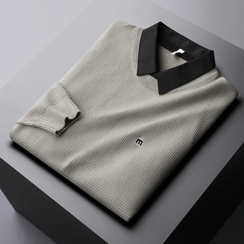 Light luxury light business embroidery fake two-piece sweater waffle knit casual top men's autumn and winter 2022 warm