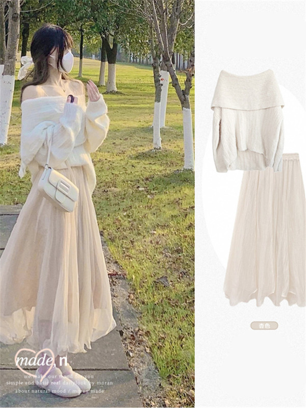 New Autumn and Winter Salt-Style Outfit, Sweet and Fluffy One-Shoulder Sweater with Mesh Skirt, Korean Drama Two-Piece Set New Autumn and Winter Salt-Style Outfit, Sweet and Fluffy One-Shoulder Sweater with Mesh Skirt, Korean Drama Two-Piece Set