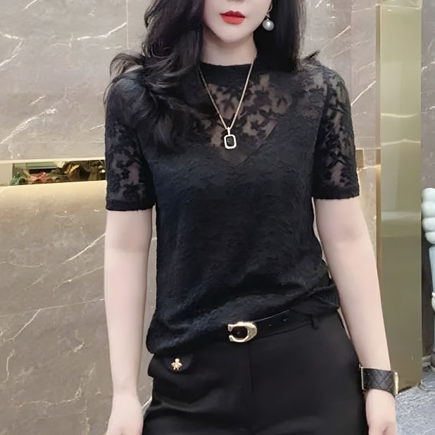 Feminine Semi-Sheer Jacquard Mesh Lace T-Shirt for Women 2025 Spring Fashionable and Slimming Thin Knit Top