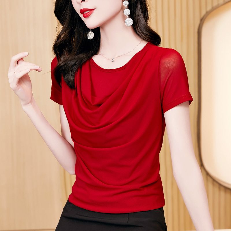 Red Mesh Short-Sleeved T-Shirt for Women, Summer 2025 New Style, Fashionable and Trendy Top, Inner Layer, Lace Blouse