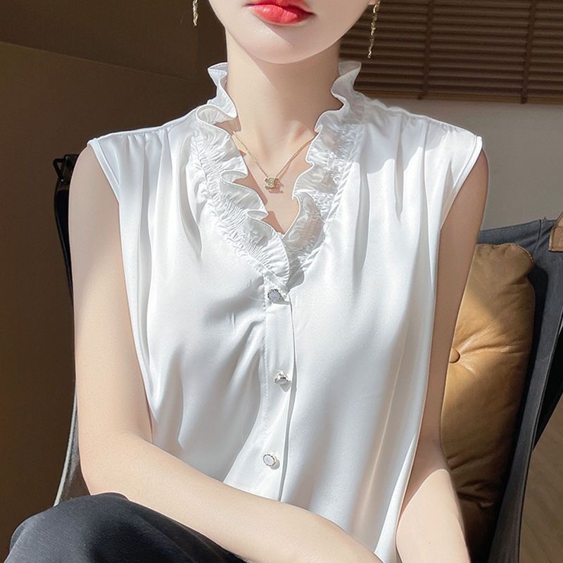 French-Style Sleeveless Blouse for Women with Ruffled Edges, 2025 Summer New Style, Inner Layer, Professional Lotus Leaf Design, High-End Feel Top Vest