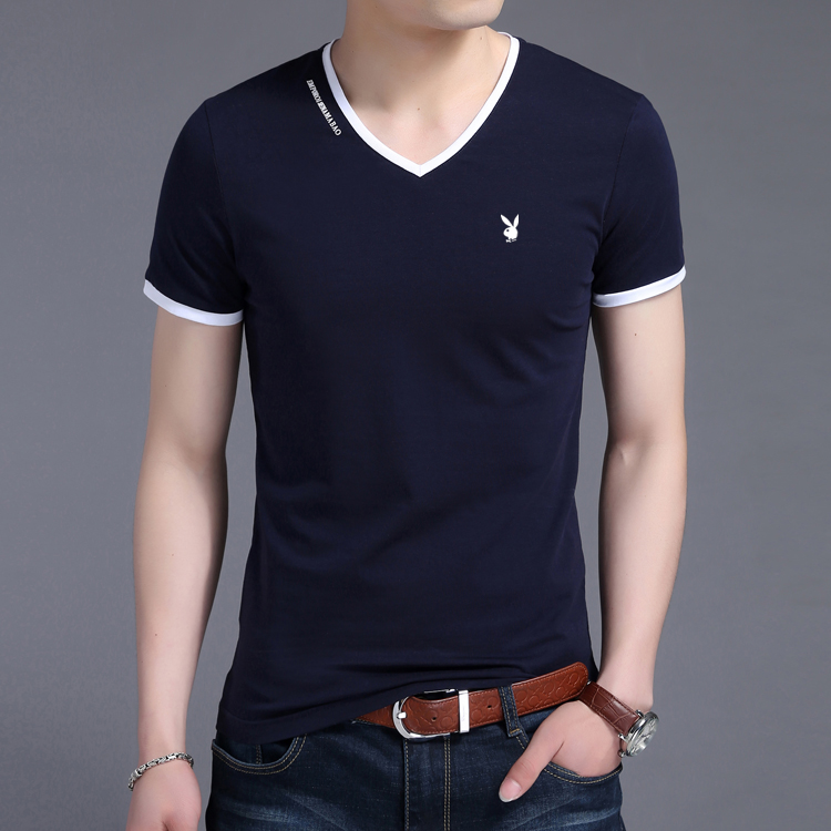 Playboy mùa hè T-Shirt nam v-cổ ngắn tay gà tim cổ áo bông Hàn Quốc phiên bản của màu rắn thanh niên từ bi Slim quần áo triều