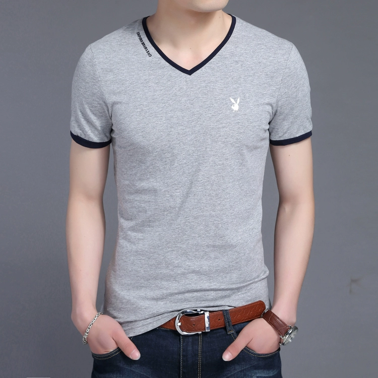 Playboy mùa hè T-Shirt nam v-cổ ngắn tay gà tim cổ áo bông Hàn Quốc phiên bản của màu rắn thanh niên từ bi Slim quần áo triều