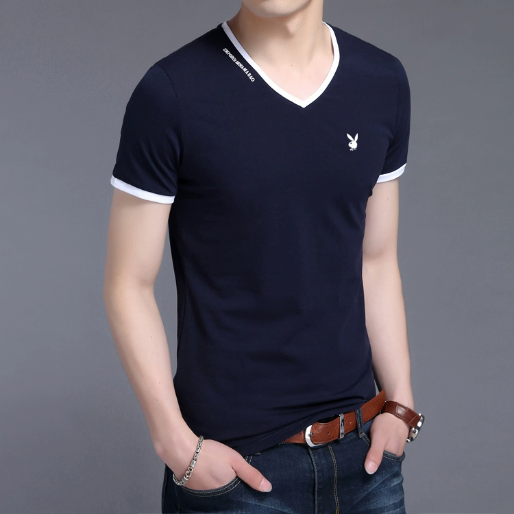 Playboy mùa hè T-Shirt nam v-cổ ngắn tay gà tim cổ áo bông Hàn Quốc phiên bản của màu rắn thanh niên từ bi Slim quần áo triều