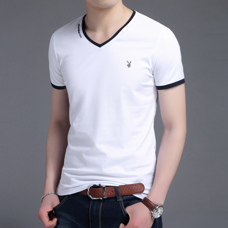 Playboy mùa hè T-Shirt nam v-cổ ngắn tay gà tim cổ áo bông Hàn Quốc phiên bản của màu rắn thanh niên từ bi Slim quần áo triều