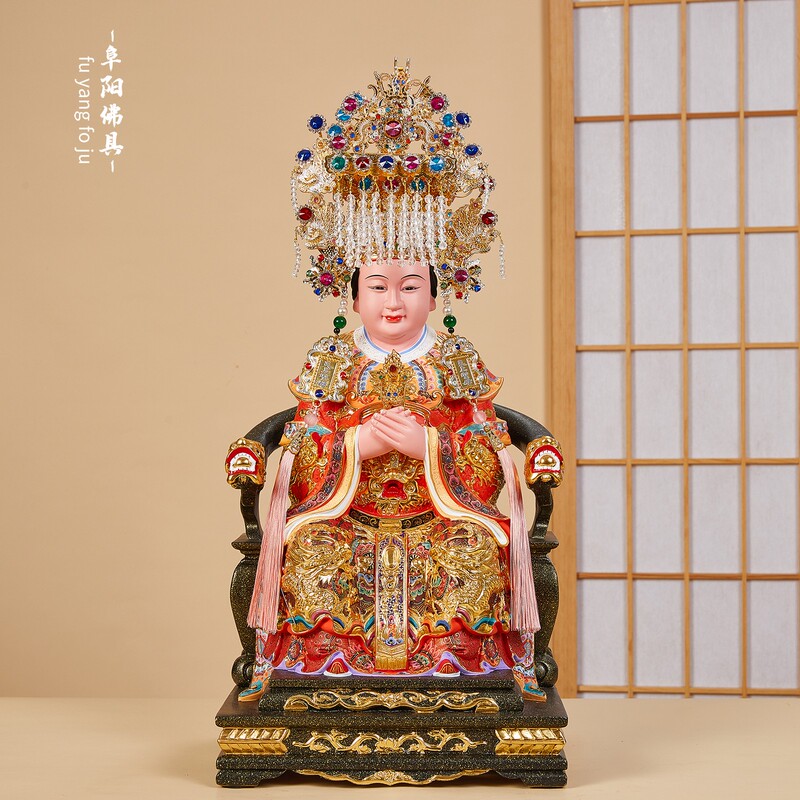 Mazu Taiwan Wood Carving Statue of the Heavenly Mother, Heavenly Empress, Goddess, Sea Goddess Mazu Statue with Crown and Cloak