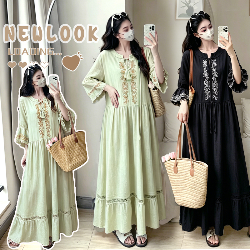 , V-Neck Slimming Dress for Pregnant Women, French Resort Style Embroidered Design, Over-The-Knee Long Dress