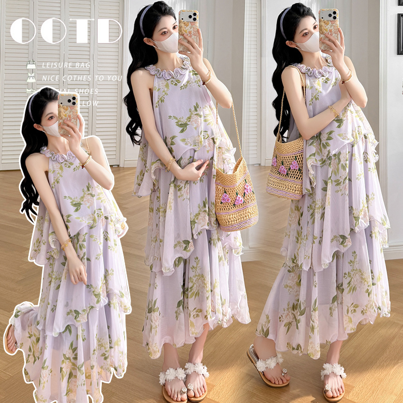New Maternity Wear French Floral Halter Neck Cake Dress for Women, Summer Vacation Style Design, Sleeveless Dress New Maternity Wear French Floral Halter Neck Cake Dress for Women, Summer Vacation Style Design, Sleeveless Dress