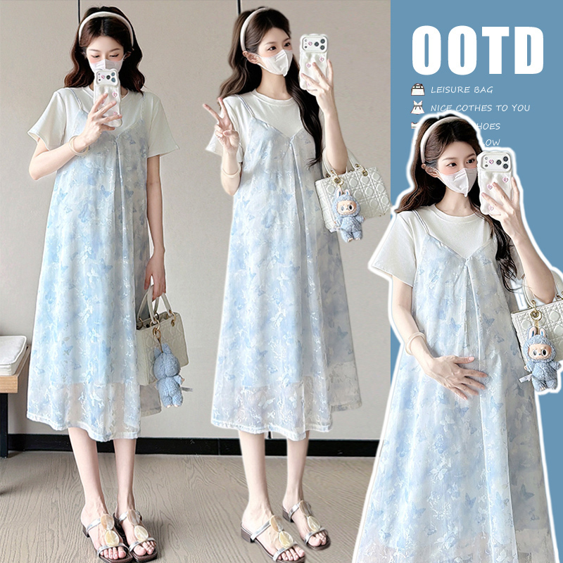 New 2026 Summer Maternity Wear Korean Style Pure Cotton T-Shirt with Chiffon Patchwork Faux Two-Piece Maternity Dress