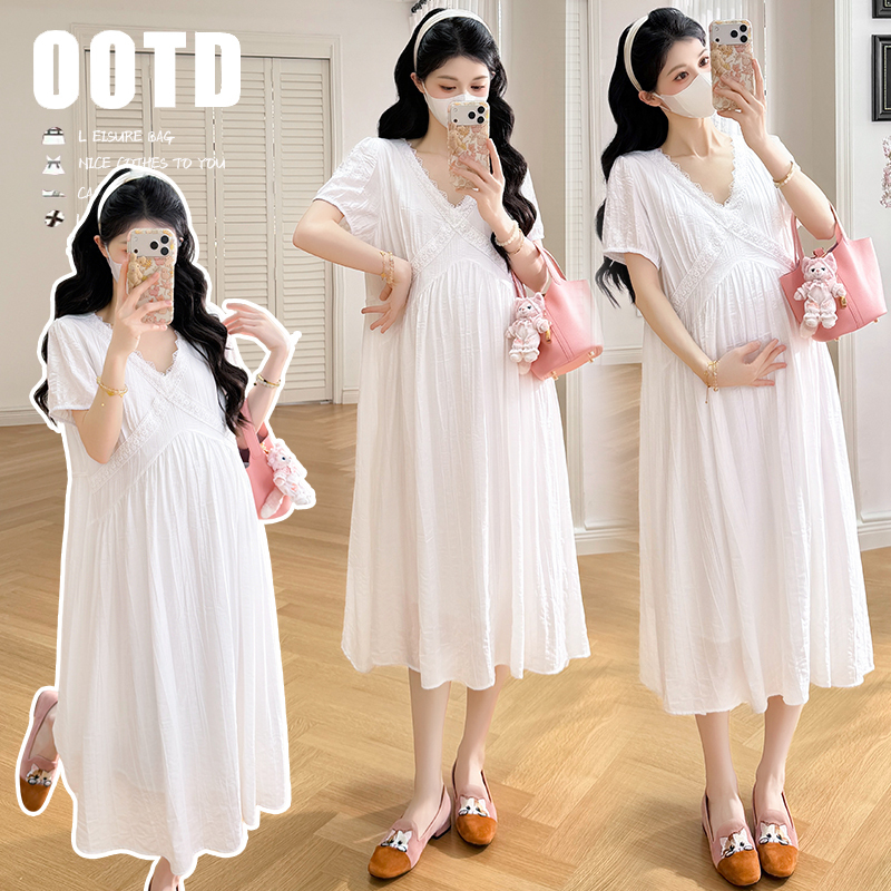 Now Available~ Maternity High-Waisted Lace Loose-Fitting Tie-Up Dress