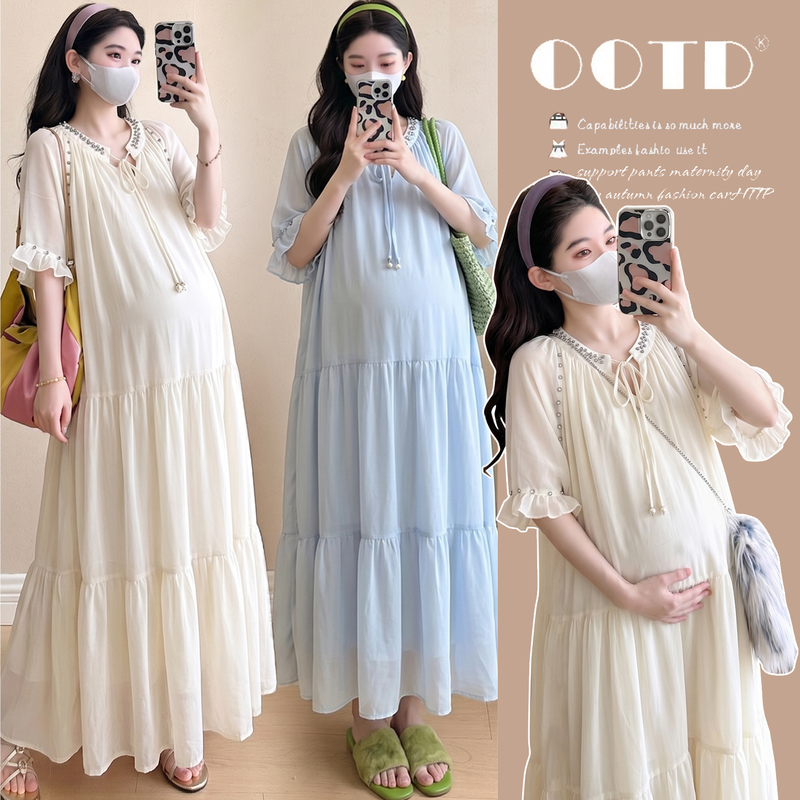 Realistic Maternity Dress Summer 2026 Heavy Beading V-Neck Loose Long Dress Elegant Slimming Late Pregnancy Long Dress