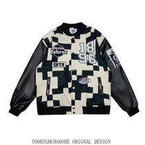 Mosaic Chessboard Lattice Splicing Leather Cuff Vibe Wind High Street Baseball Suit Womens Winter Thickening National Tide American Couple Coats