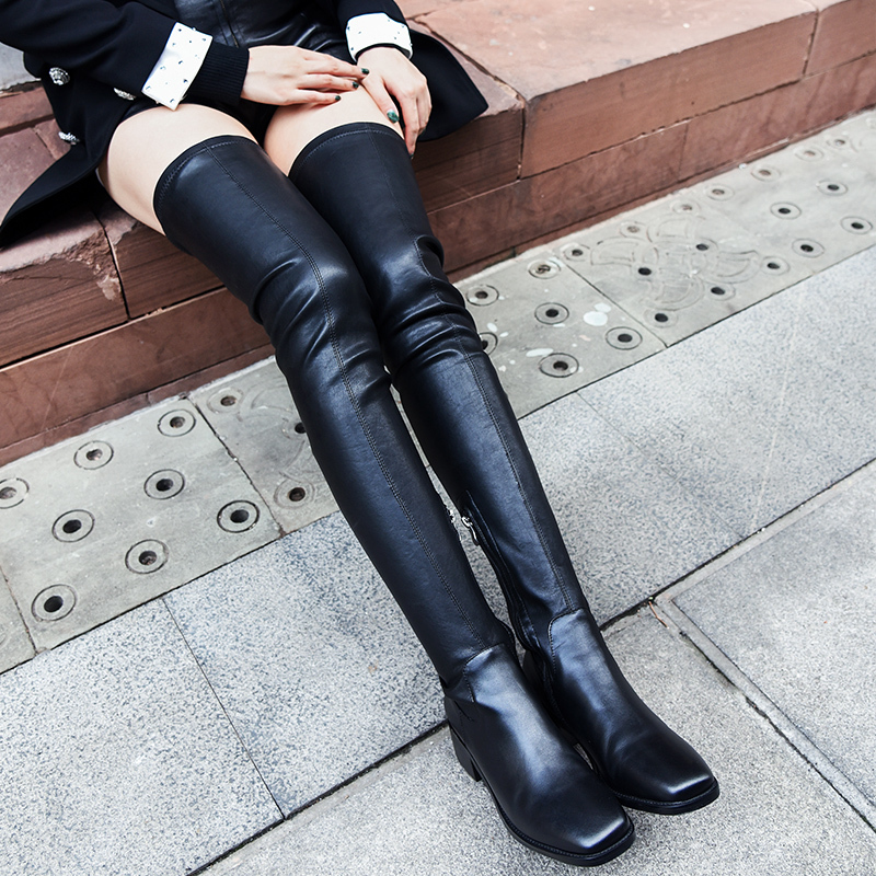 Extra Long Thigh Boots 70cm Over-The-Knee Boots for Women 2025 Autumn and Winter Slimming Mid-Heel Elastic Boots Thick Heel Fleece-Lined Leather Boots 60
