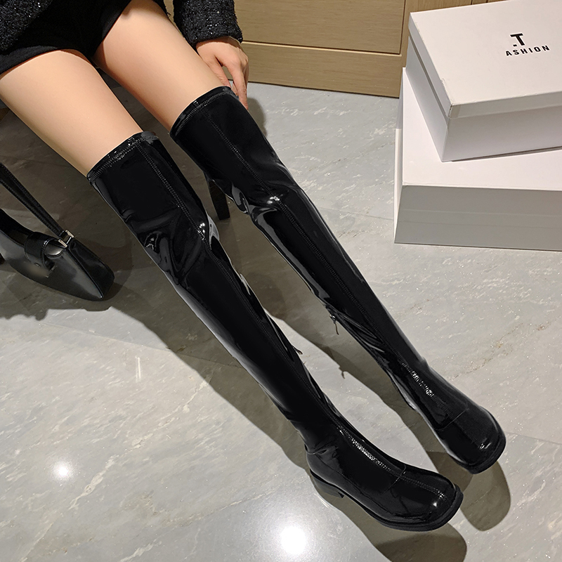 Shiluozi 2025 Autumn/Winter New Fashion Square-Toe Over-The-Knee Flat Genuine Leather Slimming Elastic 60 Thigh Boots for Women
