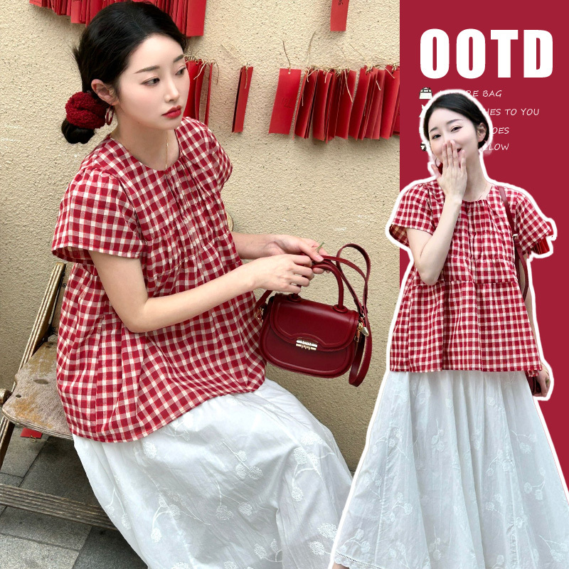 Maternity Clothing Set, Fashionable 2026 New Summer Short-Sleeved Retro Red Plaid Top and Half Skirt Two-Piece Set