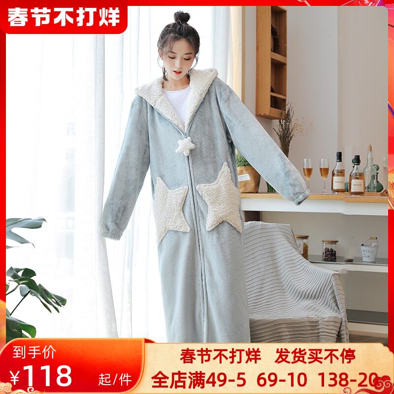 Sleeping gown women autumn and winter long version pregnant women bathrobe winter plus velvet padded nightgown couples flannel lazy pajamas men