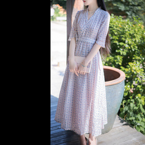 Xiaogongzi Limited))) Retro literary white-collar slim waist waist tie-up tie-up exquisite dress LY275