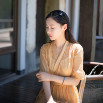 Xiao Gongzi) Fufeng) Chinese style retro design style ramie Han element cross-neck waist dress LY257