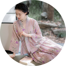 ) Stepping on the Moon Flower Room) Retro Chinese Zen improved Han elements ramie tencel cross-neck top skirt suit