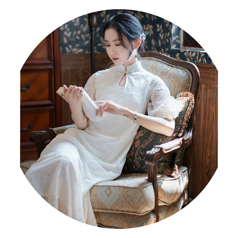 Xiao Gongzi) marriage contract) new Chinese style retro temperament Republic of China style stand collar lace cheongsam dress LY349