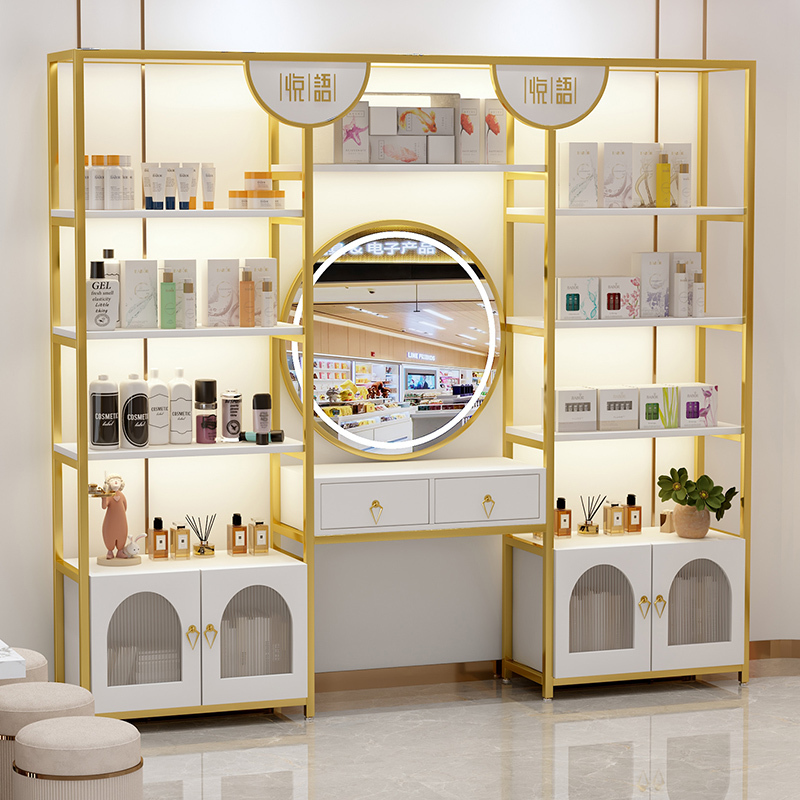 High-End Cosmetics Display Cabinet, Beauty Salon Product Display Cabinet, Skin Care Product Counter Shelf Display Rack with Lights and Mirror