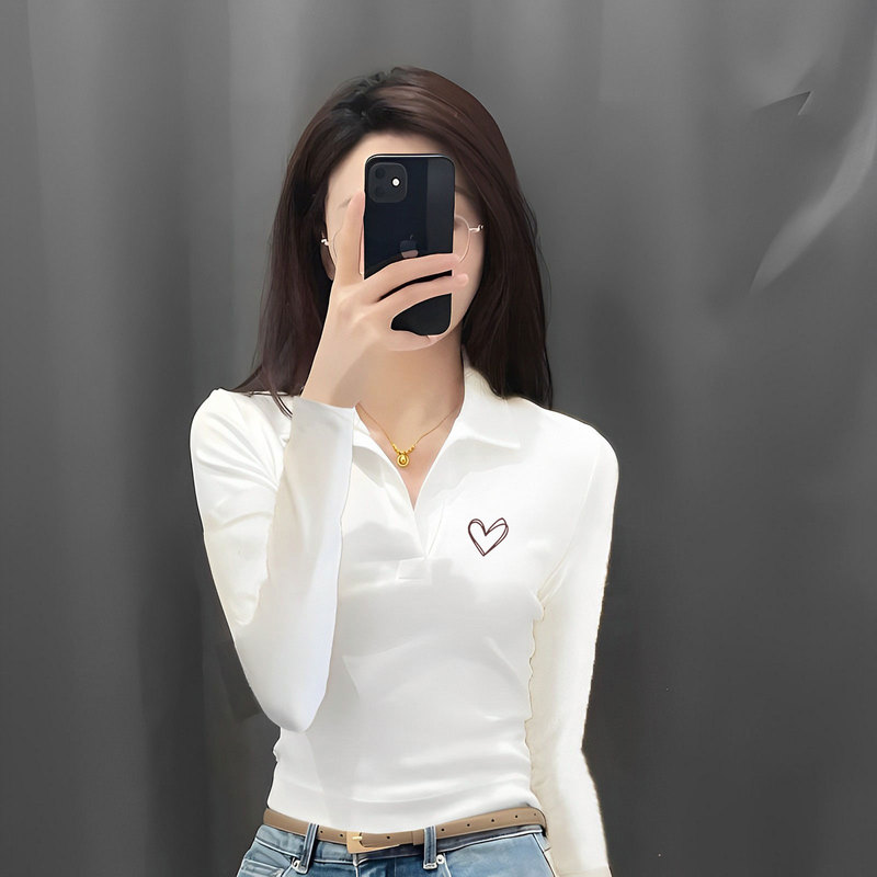 Right-Shoulder, Buttonless Polo Collar Long-Sleeve T-Shirt for Women, Spring and Autumn Slim-Fit Sports Base Shirt, Collared Top with a Sense of Design