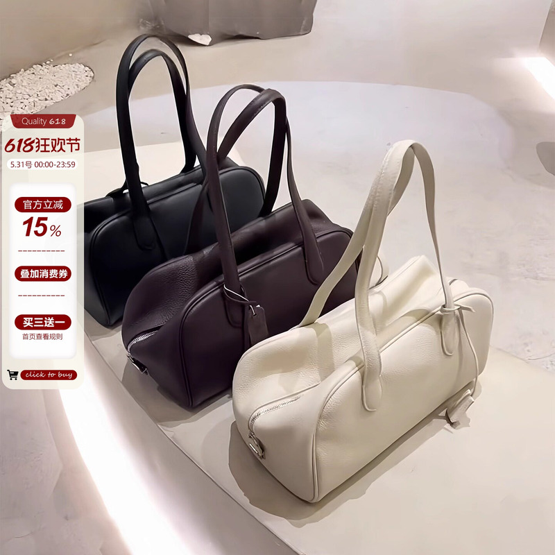 First-Layer Cowhide Boston Bag for Women, High-End Underarm Bag, Spring and Summer New Commuter Tote Bag, Single-Shoulder Bowling Bag