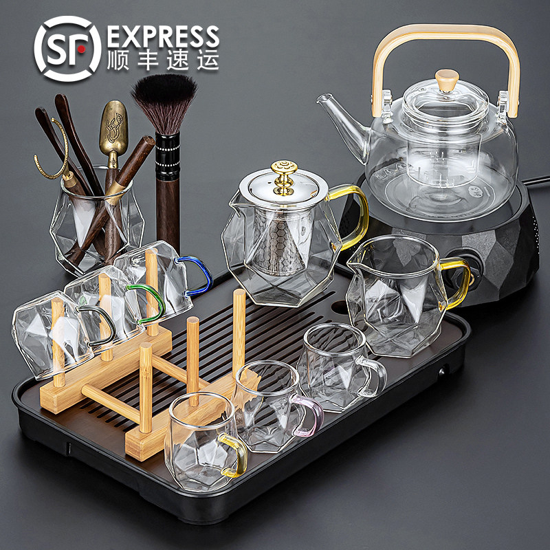 Glass tea set with light luxury teapot cooking teapot cooking teapot living room Kung fu tea plate complete set