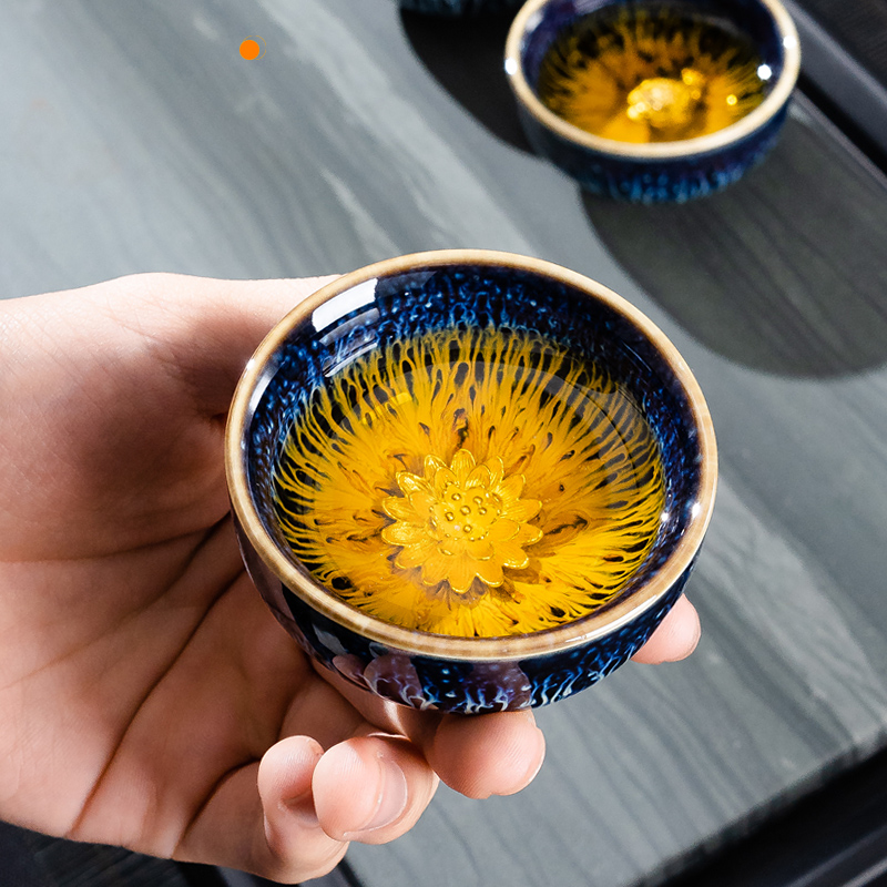 Kung fu tea set YinJian lamp sample tea cup small temmoku up ceramic tea cup, 999 silver bowl master