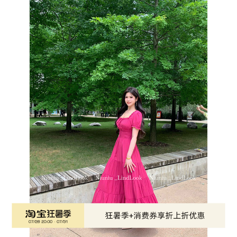 Li Shasha【Red Encounter】Red Short-Sleeved Dress for Women, Summer Slightly Plus-Size Tiered Dress, Waist-Cinching Square-Neck Long Dress