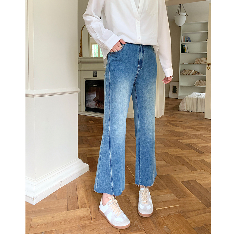 Li Shasha Denim Blue Split Seam Flared Raw Hem Jeans for Women, Autumn Plus Size Vintage Slimming High-Waisted Long Pants