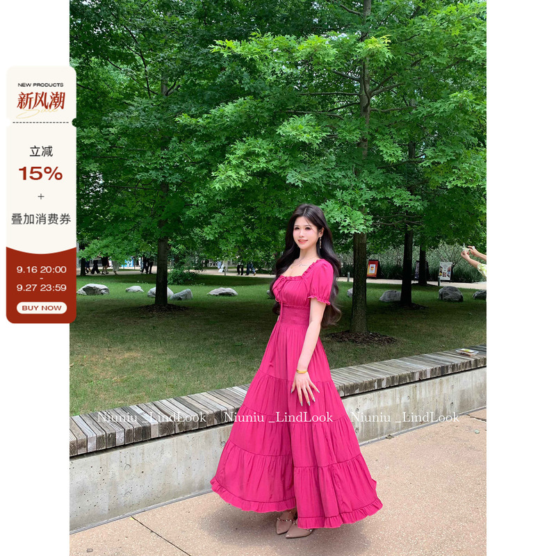 Li Shasha【Red Encounter】Red Short-Sleeved Dress for Women, Summer Slightly Plus-Size Tiered Dress, Waist-Cinching Square-Neck Long Dress Li Shasha【Red Encounter】Red Short-Sleeved Dress for Women, Summer Slightly Plus-Size Tiered Dress, Waist-Cinching Square-Neck Long Dress