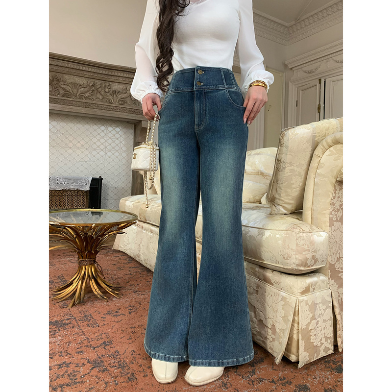 Li Shasha [Fishbone Pants] Blue Flared Jeans for Women, Summer, Slightly Chubby, High-Waisted, Slimming, Wide-Leg Trousers