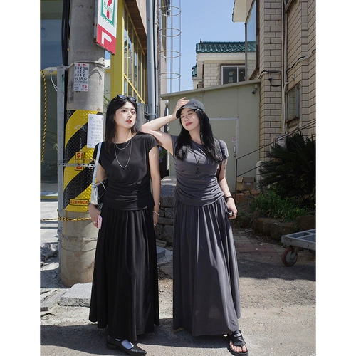 Футболка, юбка в складку, длинная юбка, комплект, большой размер, изысканный стиль