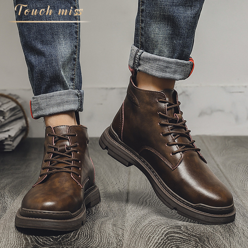 Touch Miss new Martin boots men's breathable mid-tube tooling British style trend high leather boots trend