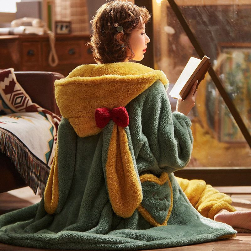 Pyjamas women's autumn winter thickened warm can outside wearing coral suede sleeping robe with long version of bathrobe suit flannel suede