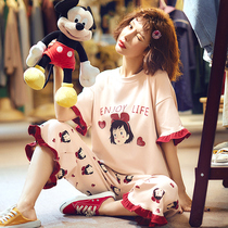 Pajamas women Summer cotton short sleeve cute casual can go out cartoon Korean home clothes Capri pants girl suit