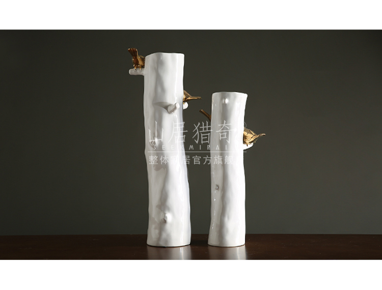 Modern Chinese style living room zen flower implement northern American rural white ceramic bird tree straight vase