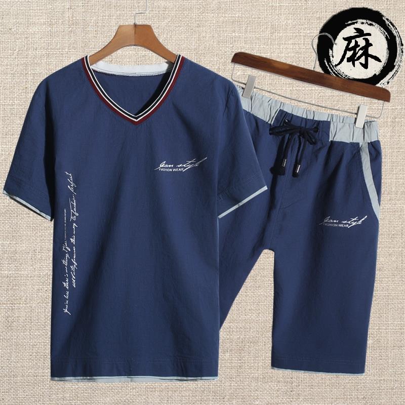 男士夏季中国风加肥加大码亚麻短袖短裤套装中老年棉麻衣服爸爸装