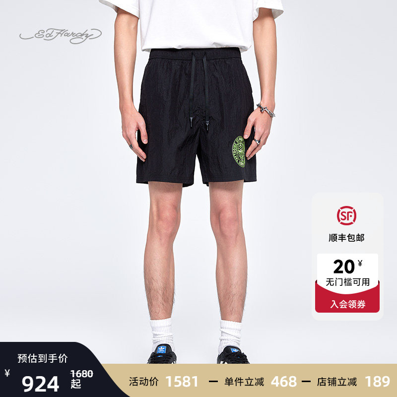 Ed Hardy Summer Popular New Embroidered Black Loose Straight Men's Shorts