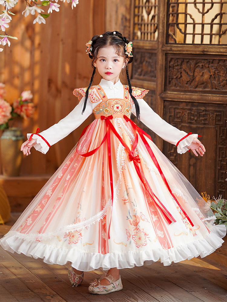 Girls autumn and winter Hanfu 2022 new children's Tang suit ethnic style princess dress little girl plus velvet ancient style dress
