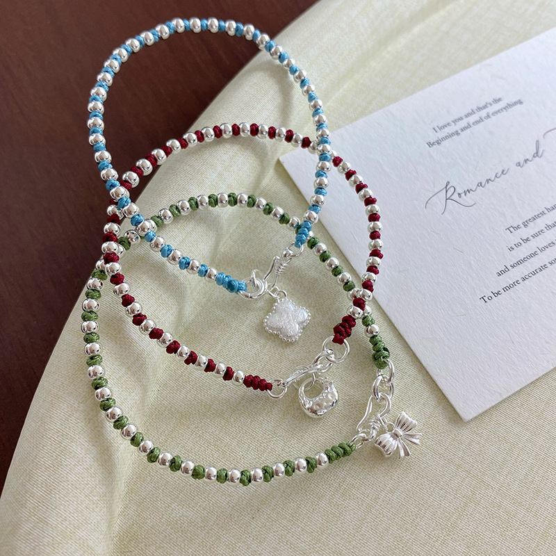 925 Sterling Silver Colorful Rope Silver Bead S-Clasp Pendant Bracelet for Women, New Chinese Style Bright Silver Flower Handmade Woven Bracelet
