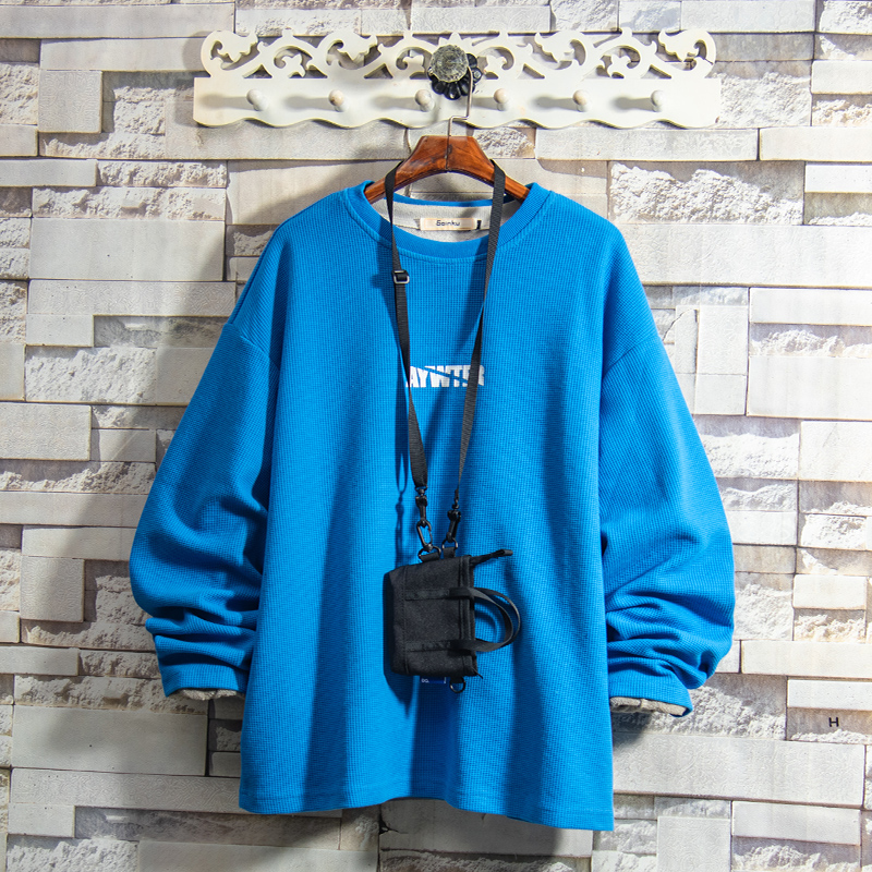 Flammable youth 2022 Huffeuge pure color round collar thick cotton T male port craze relaxed spring new ins blouses