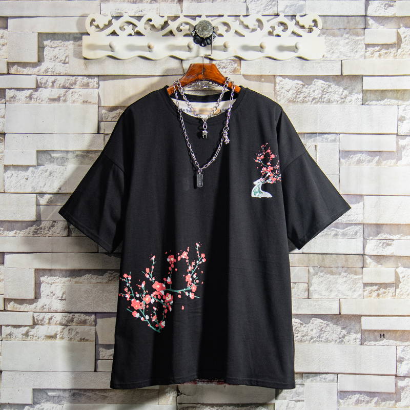 Flammable youth Chinese style plum blossom cotton T-shirt boys spring and summer youth round neck underwear short-sleeved national tide