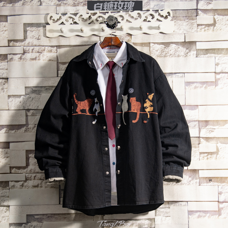 Flammable Youth Boomer Cat Kitty Embroidered Denim Shirt Jacket Men's Spring Day Ensemble Casual Teen Shirts Pop
