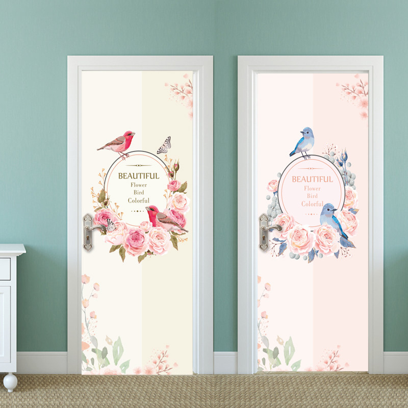 Fresher Brief About Modern Flowers Bird Flower Door Stickers Whole and creative post Rental Shop store Wardrobe Renovated Wooden Door
