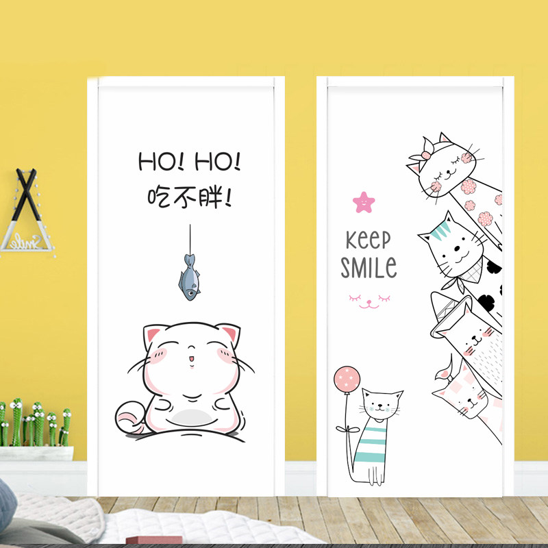 Cartoon cat and dog self-adhesive waterproof door sticker whole wooden door renovation bathroom sticker glass cabinet old door renovation
