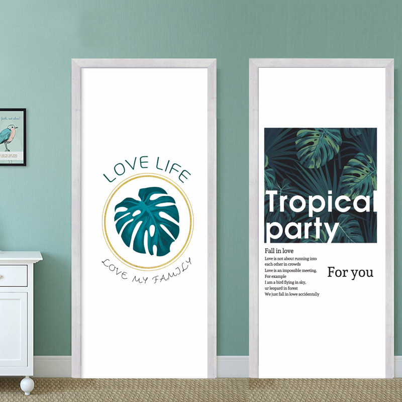 Nordic ins fresh green plant bag door sticker whole wooden door renovation PVC waterproof self-adhesive powder room door sticker art