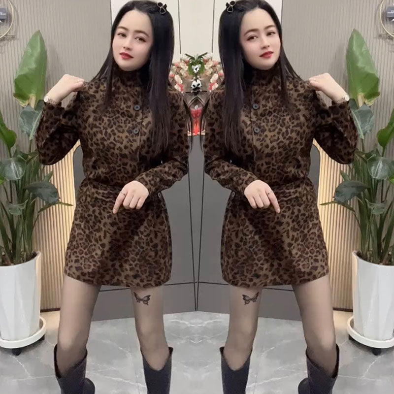 2026 Early Spring Trendy New Fashion Chic High-End Stand-Collar European-Style Leopard Print Long-Sleeve Dress for Women