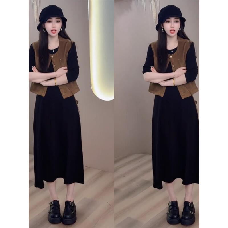Spring and Autumn Fashion Color-Block Vest Long Skirt Set for Women, High-End Elegant Sleeveless Top and Dress Two-Piece Set Spring and Autumn Fashion Color-Block Vest Long Skirt Set for Women, High-End Elegant Sleeveless Top and Dress Two-Piece Set